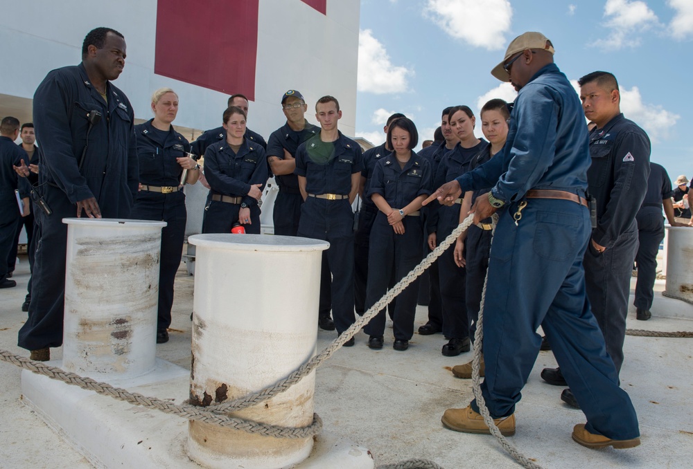 Sailors review basic line handling techniques aboard USNS Mercy