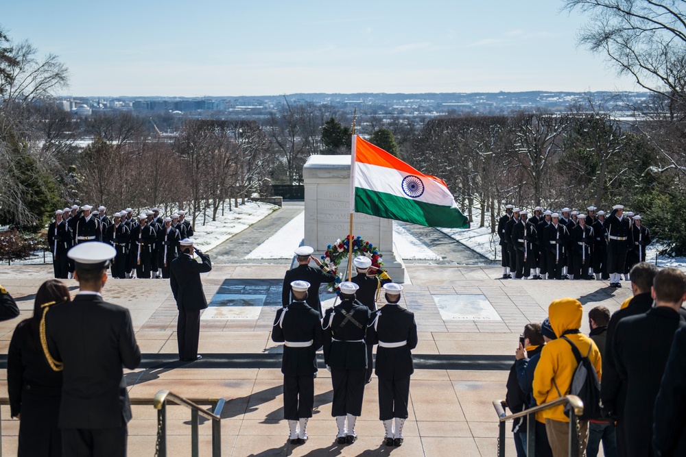 Chief of the Naval Staff for the Indian Navy Adm. Sunil Lanba Participates in a Navy Full Honors Wreath-Laying at the Tomb of the Unknown Soldier