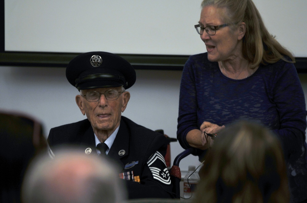 Chief Master Sgt. (Ret.) addresses audience on the Bataan Death March