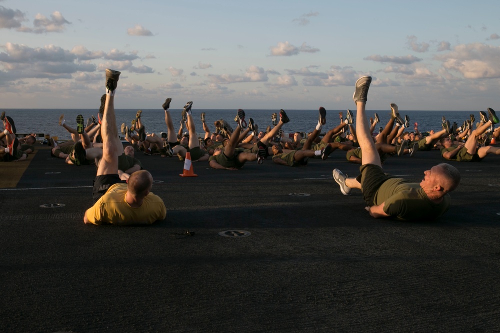 31st MEU Marines exercise during Sgt. Maj. PT