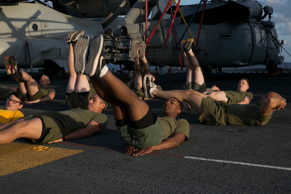 31st MEU Marines exercise during Sgt. Maj. PT