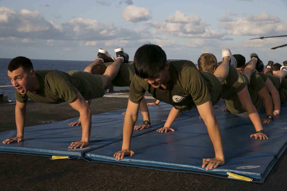 31st MEU Marines exercise during Sgt. Maj. PT