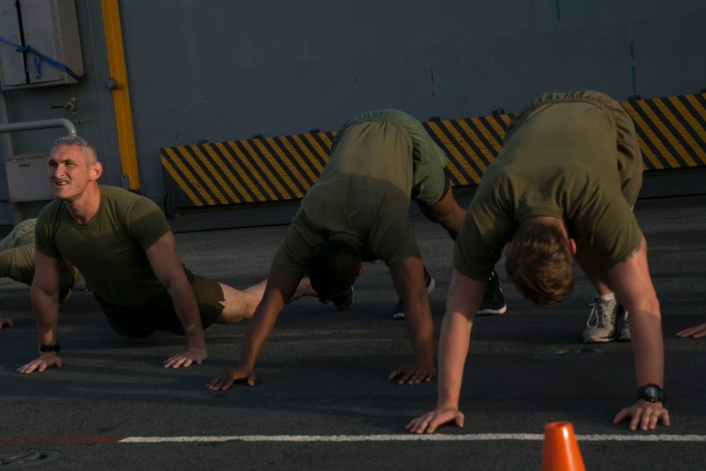 31st MEU Marines exercise during Sgt. Maj. PT