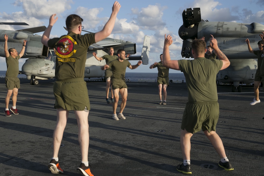 31st MEU Marines exercise during Sgt. Maj. PT