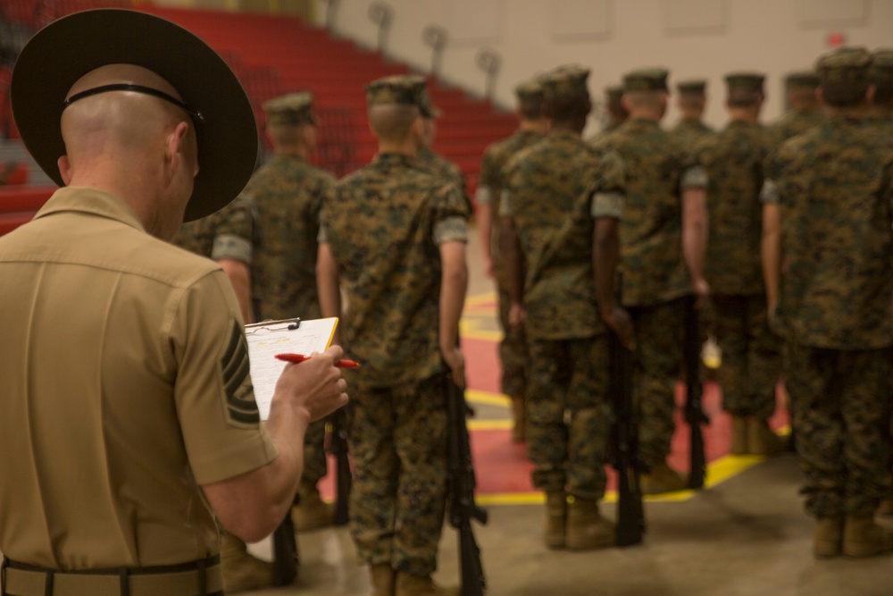 Marine recruits demonstrate discipline through drill on Parris Island