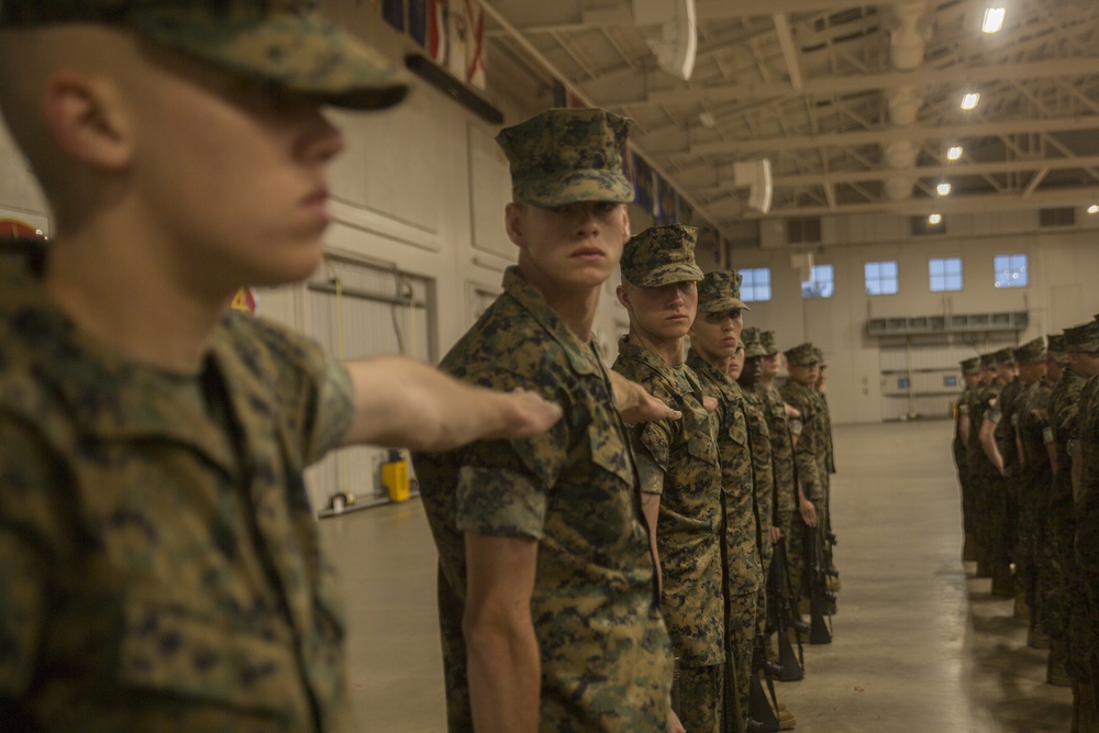 Marine recruits demonstrate discipline through drill on Parris Island