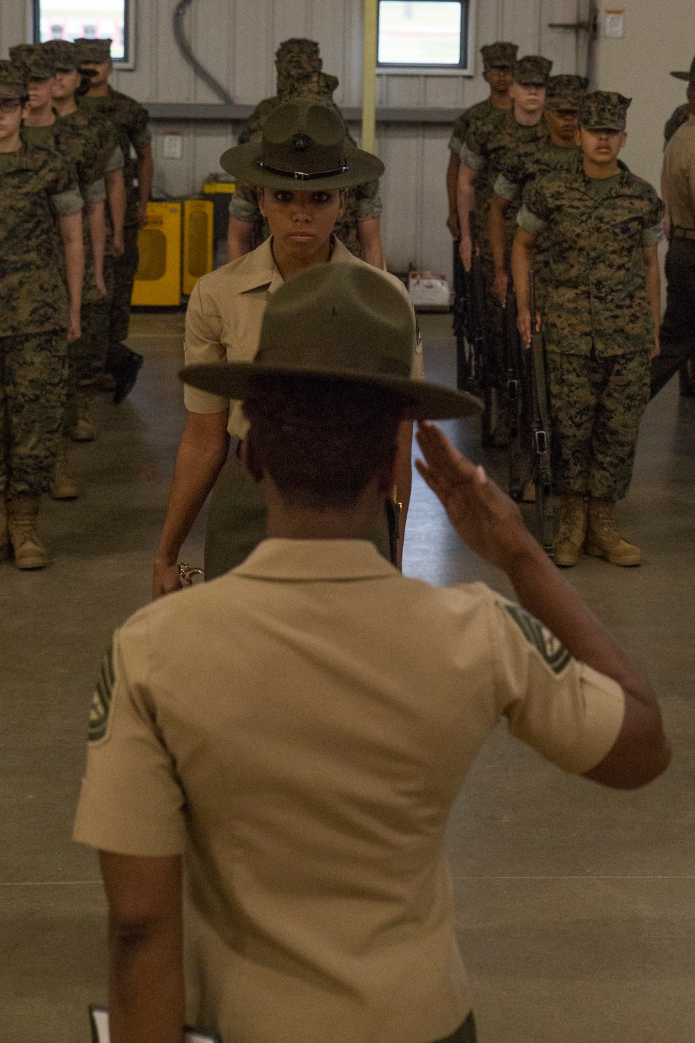 Marine recruits demonstrate discipline through drill on Parris Island