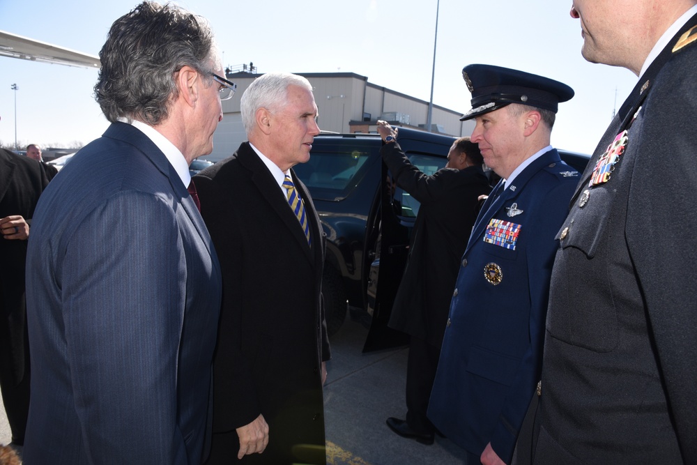 Vice President Pence is greeted by 119th Wing members upon his arrival to Fargo