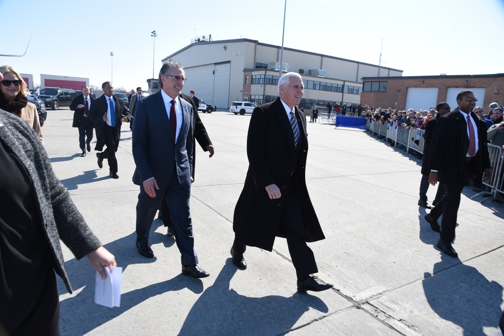 Vice President Pence is greeted by 119th Wing members upon his arrival to Fargo