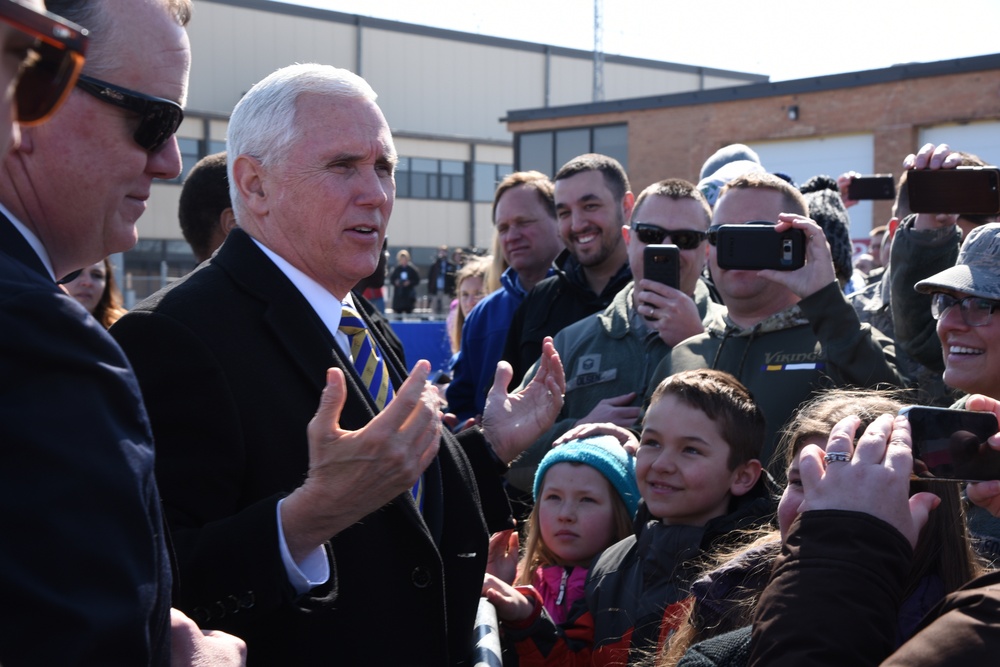 Vice President Pence is greeted by 119th Wing members upon his arrival to Fargo