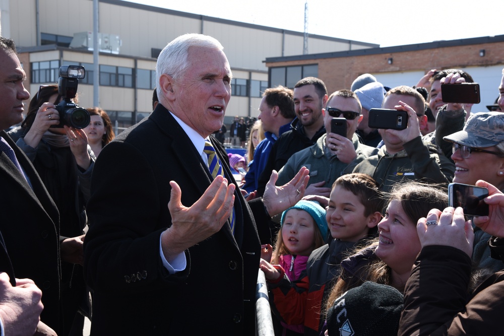 Vice President Pence is greeted by 119th Wing members upon his arrival to Fargo
