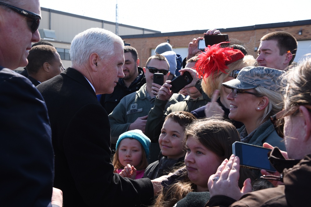 Vice President Pence is greeted by 119th Wing members upon his arrival to Fargo