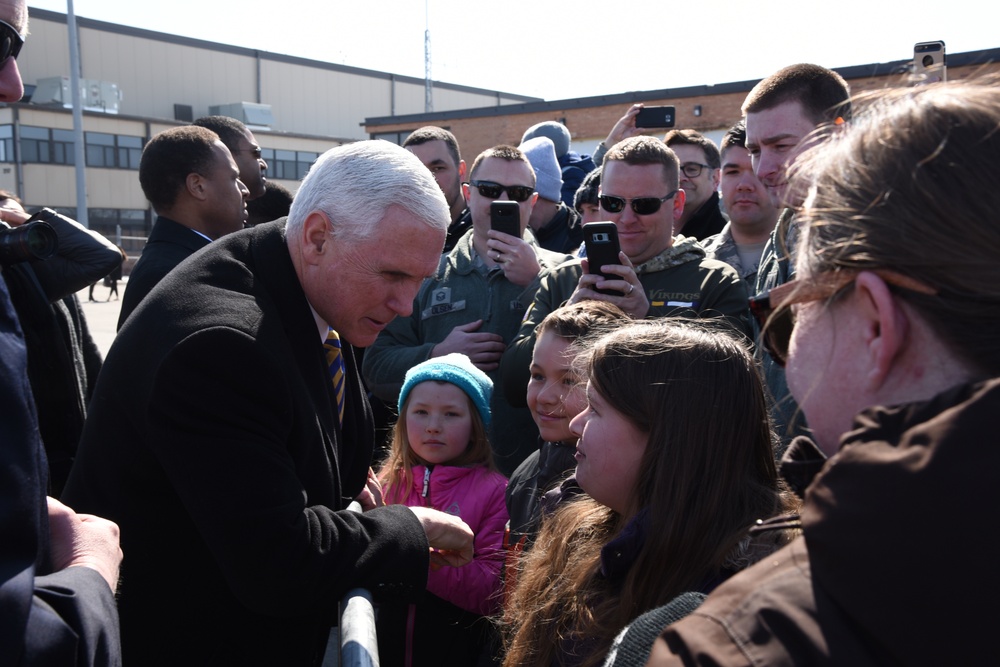 Vice President Pence is greeted by 119th Wing members upon his arrival to Fargo