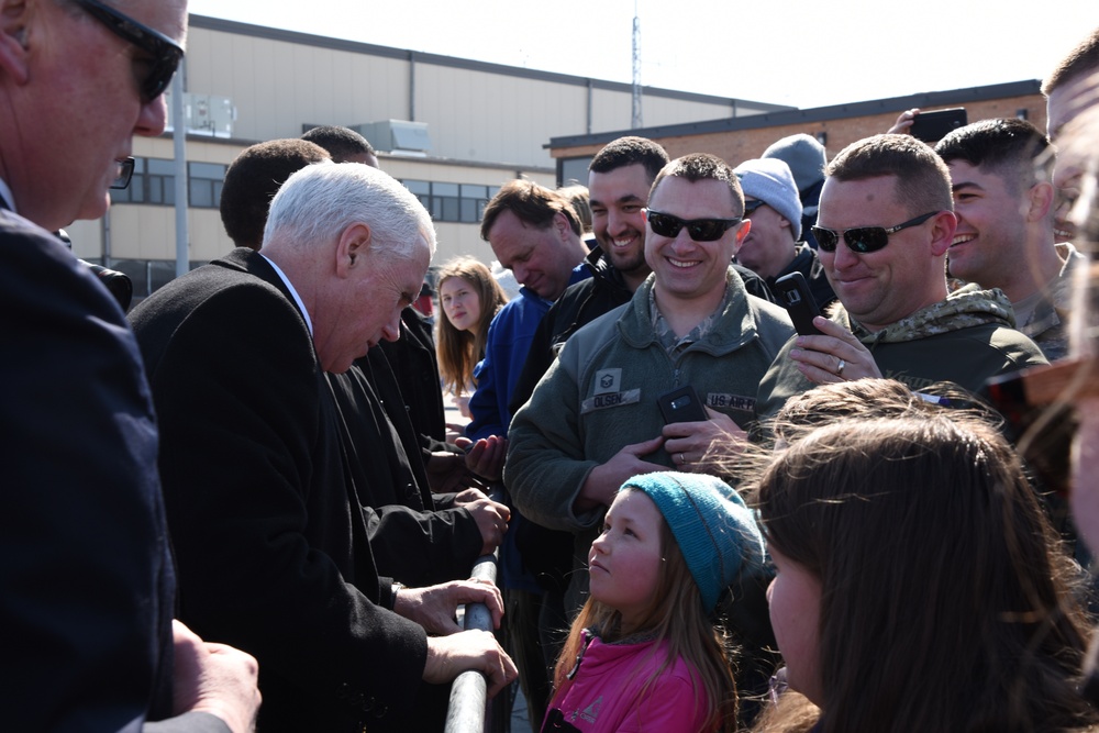 Vice President Pence is greeted by 119th Wing members upon his arrival to Fargo