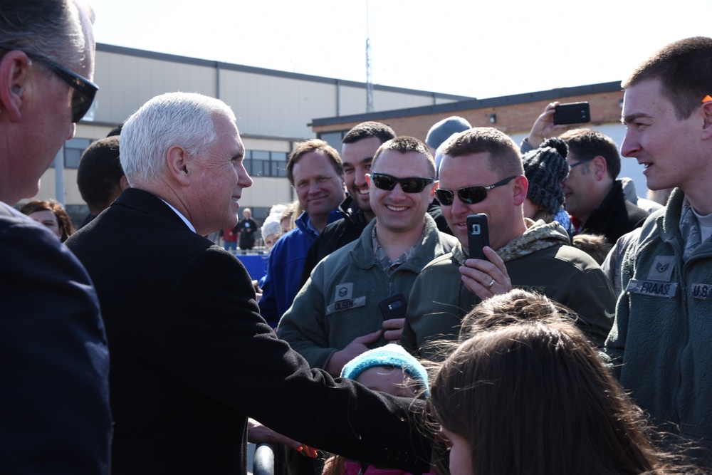 Vice President Pence is greeted by 119th Wing members upon his arrival to Fargo