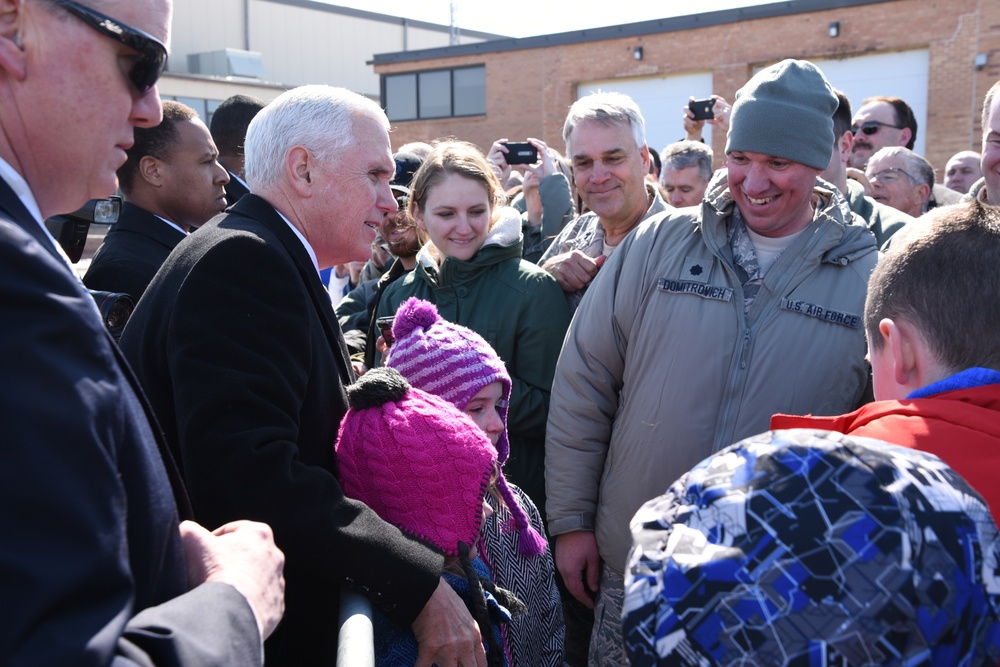 Vice President Pence is greeted by 119th Wing members upon his arrival to Fargo