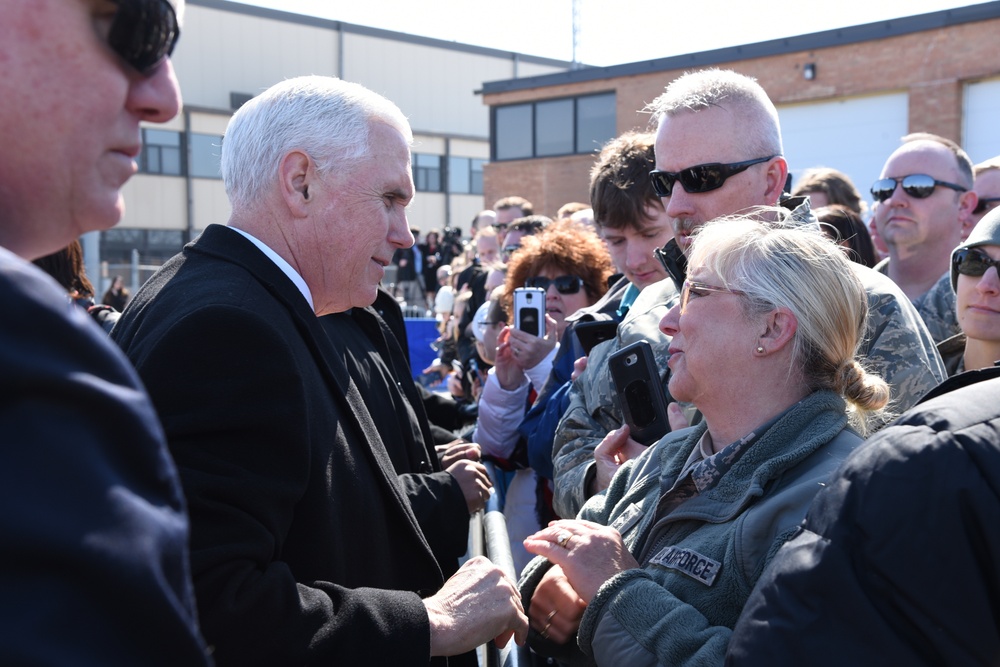 Vice President Pence is greeted by 119th Wing members upon his arrival to Fargo
