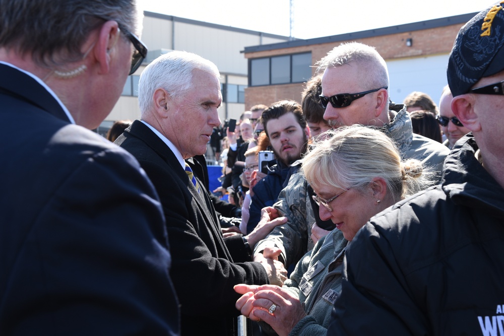 Vice President Pence is greeted by 119th Wing members upon his arrival to Fargo