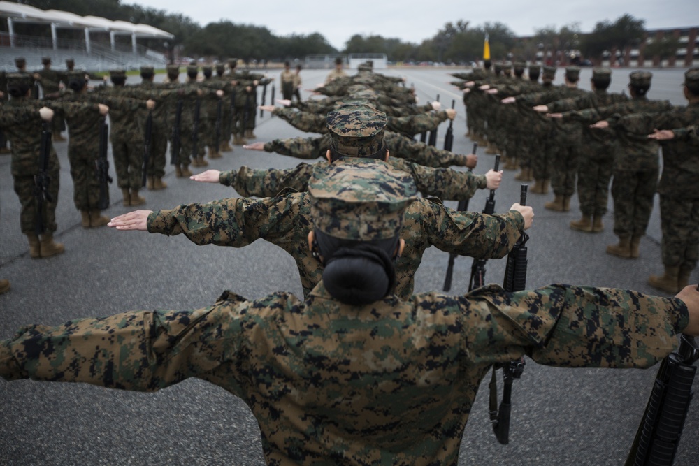 Marine recruits demonstrate discipline through drill on Parris Island