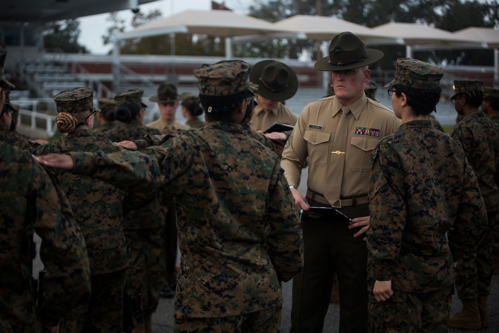 Marine recruits demonstrate discipline through drill on Parris Island