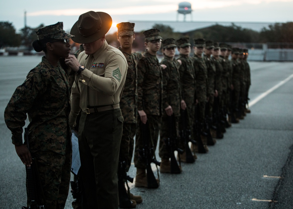 Marine recruits demonstrate discipline through drill on Parris Island