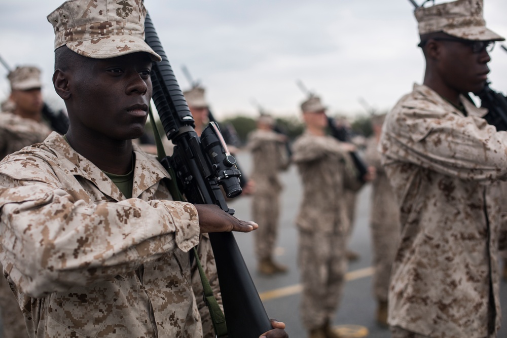 Marine recruits demonstrate discipline through drill on Parris Island