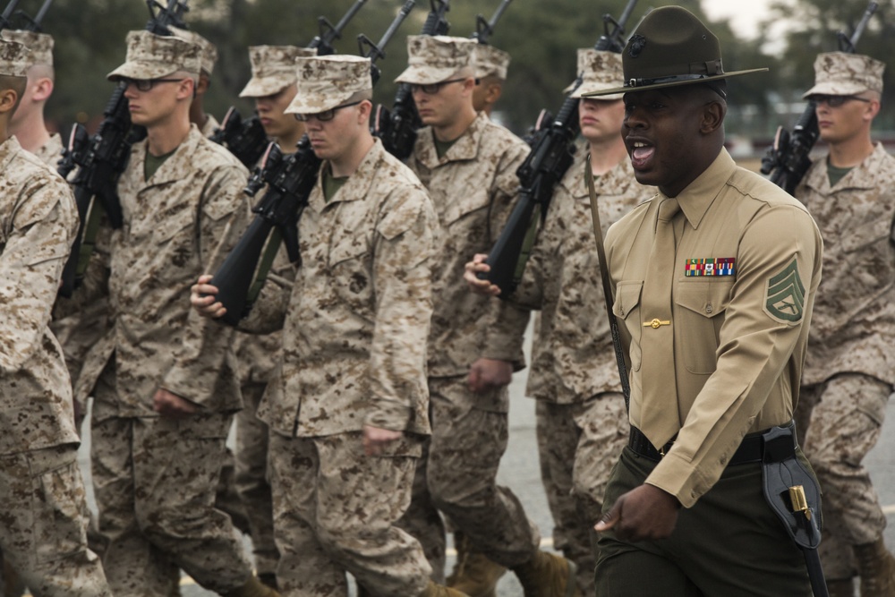 Marine recruits demonstrate discipline through drill on Parris Island