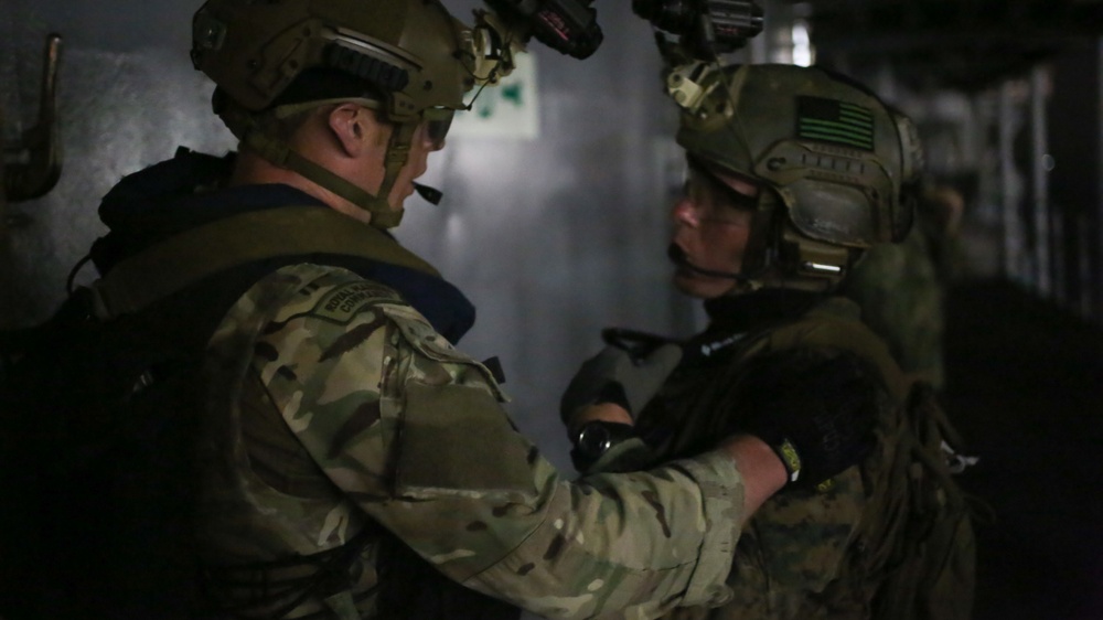 U.S. Marines with 3rd Reconnaissance Battalion conduct simulated maritime operations with British Royal Marines, U.S. Sailors in Guam