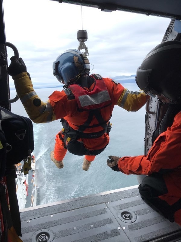 USCGC Anacapa, Air Station Sitka crew members conduct hoist training, Chatham Strait, AK