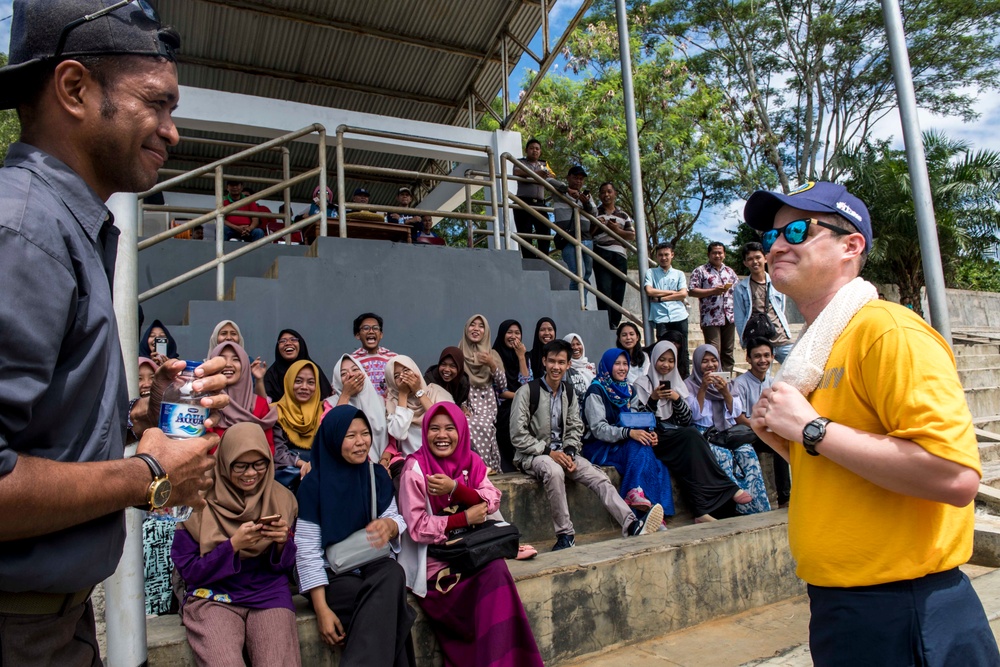 Service members assigned to USNS Mercy participate in soccer game at University of Begkulu