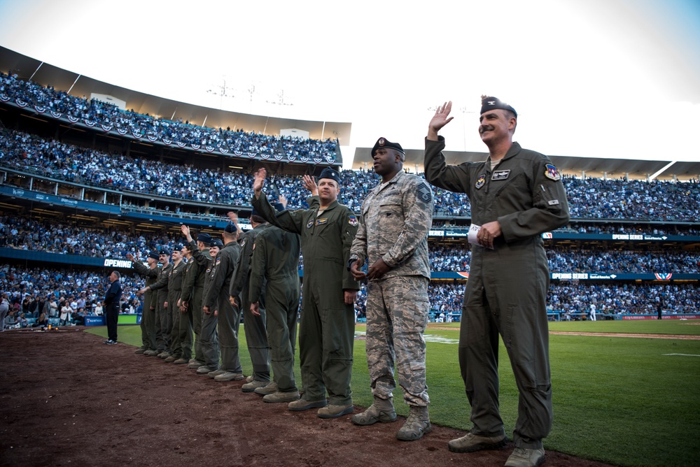 Los Angeles Dodger's Receive Flyover from Vance Air Force Base