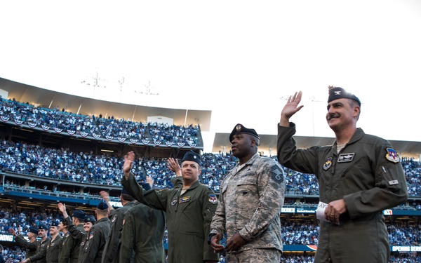 Los Angeles Dodger's Receive Flyover from Vance Air Force Base