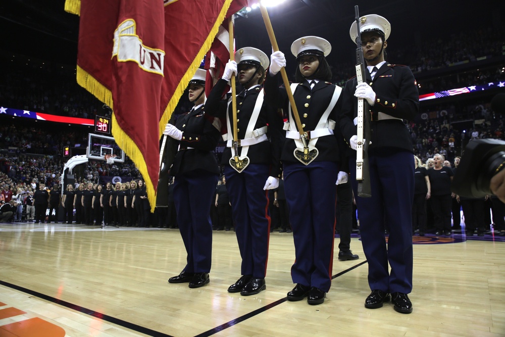 All-woman Marine color guard opens Women's Final Four Semi-finals