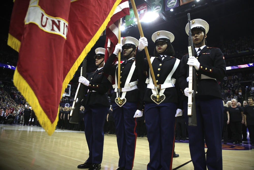 All-woman Marine color guard opens for Women's Final Four Semi-finals