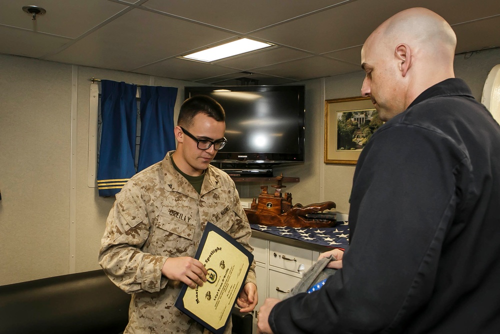 Massachussetts Native Receives Marine in the Spotlight Award aboard USS Oak Hill