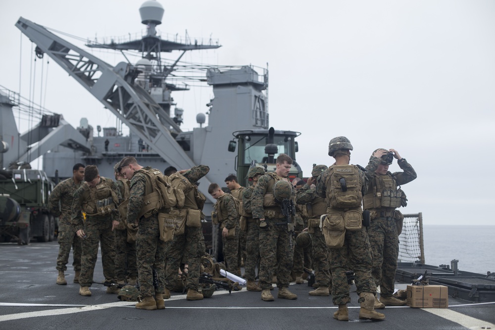 U.S. Marines with BLT 3/1 conduct a live-fire deck shoot