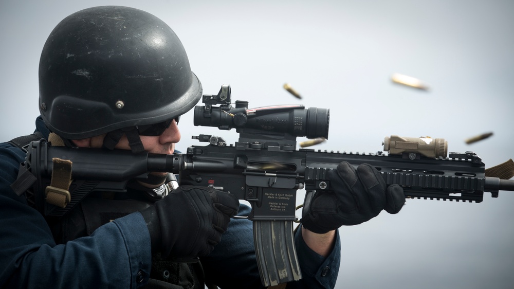 U.S. Marines with BLT 3/1 conduct a live-fire deck shoot