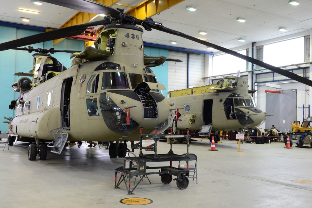 B Company, 1st General Support Aviation Battalion, 214th Aviation Regiment 400 hours phase maintenance on an CH-47 Chinook