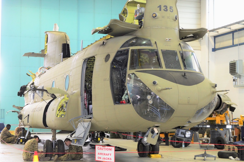 B Company, 1st General Support Aviation Battalion, 214th Aviation Regiment 400 hours phase maintenance on an CH-47 Chinook