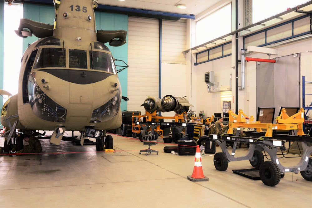 B Company, 1st General Support Aviation Battalion, 214th Aviation Regiment 400 hours phase maintenance on an CH-47 Chinook