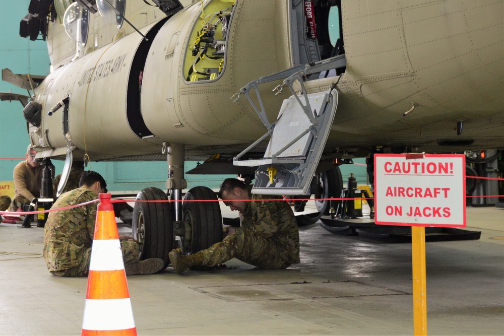 B Company, 1st General Support Aviation Battalion, 214th Aviation Regiment 400 hours phase maintenance on an CH-47 Chinook