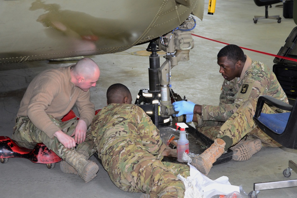 B Company, 1st General Support Aviation Battalion, 214th Aviation Regiment 400 hours phase maintenance on an CH-47 Chinook