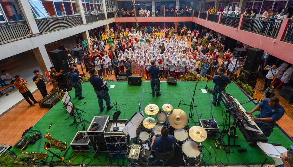 U.S. Pacific Fleet Band plays at a nursing school in Bengkulu, Indonesia.