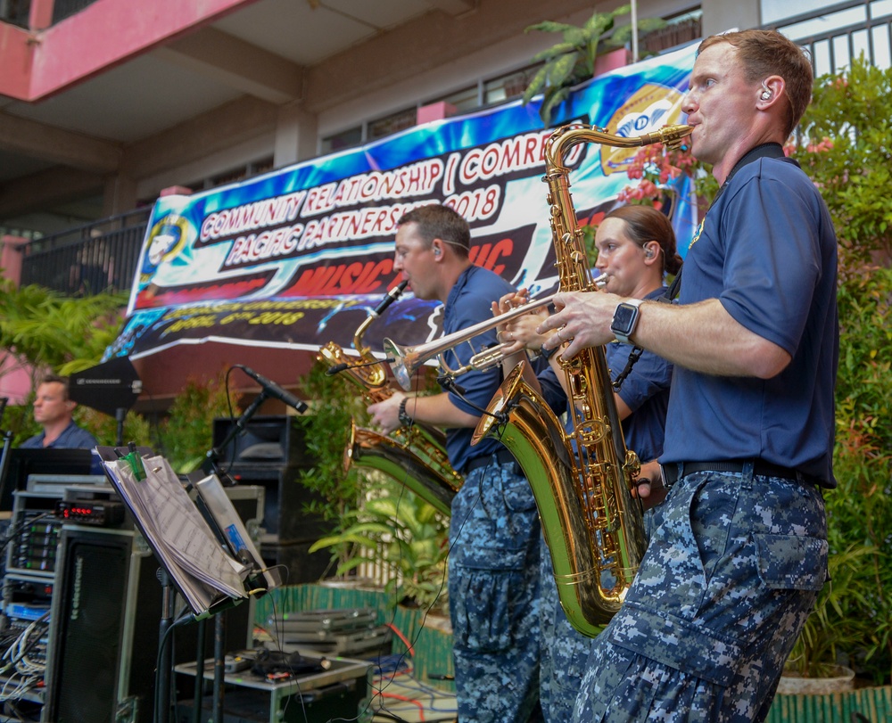 U.S. Pacific Fleet Band plays at a nursing school in Bengkulu, Indonesia.