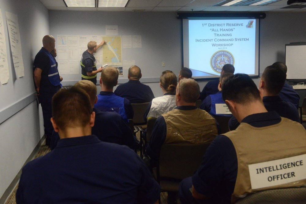 Coast Guard members at First Coast Guard District in Boston, participate in Incident Command System exercise