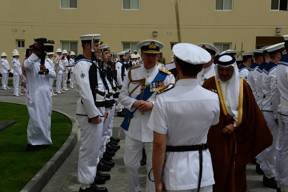 Prince Andrew Duke of York inspects the Royal Guard at the opening of the United Kingdom Naval Support Facility in Bahrain