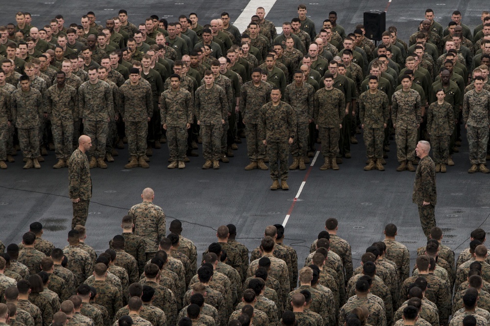 The 31st MEU holds formation aboard the USS Wasp