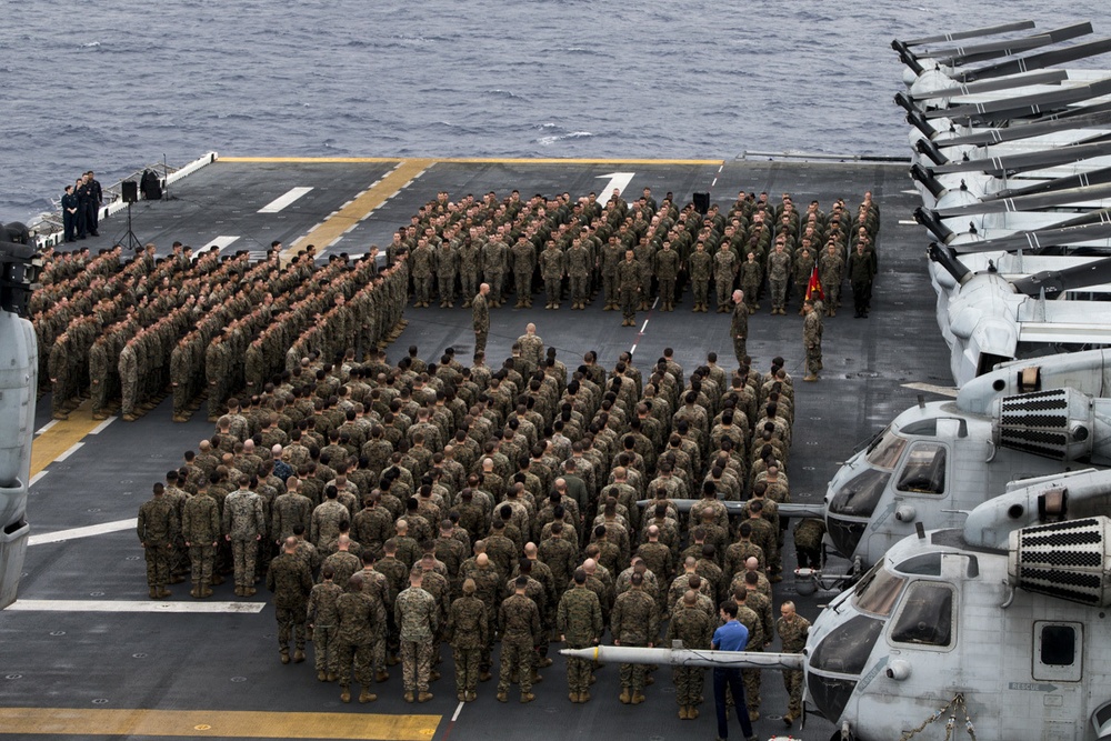 The 31st MEU holds formation aboard the USS Wasp