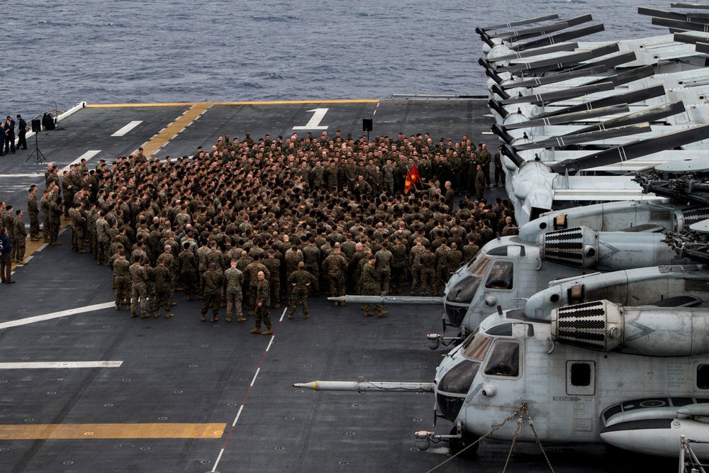 The 31st MEU holds formation aboard the USS Wasp