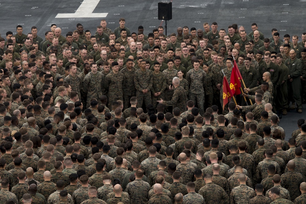 The 31st MEU holds formation aboard the USS Wasp